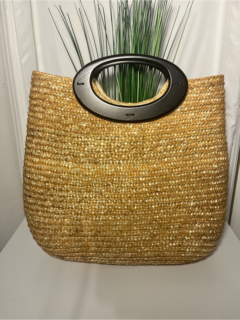 Kim Rogers Natural Straw Tote with Dark Oval Wooden Handle